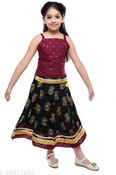 Elegant kids' rayon lehenga (16in, 14in), sleeveless, embellished in red and black